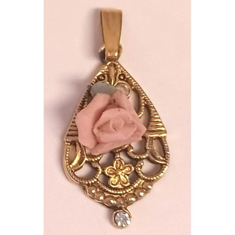 Vintage Brass Filigree Teardrop Pendant Pink Coral Rose Resin Flower Charm
